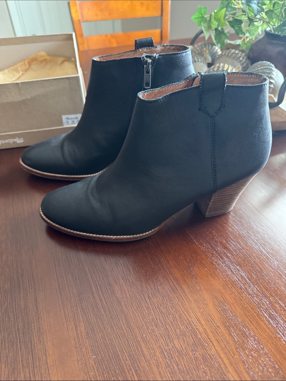 Madewell Black Leather Ankle Booties with Stacked Heel